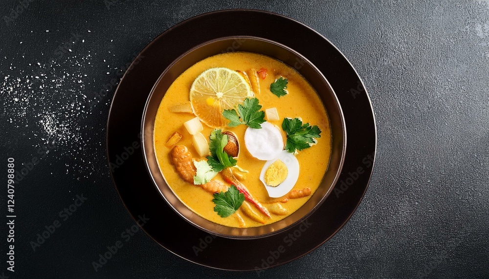 vegetarian coconut curry soup on dark background top view vegetarian coconut curry soup on dark background top view
