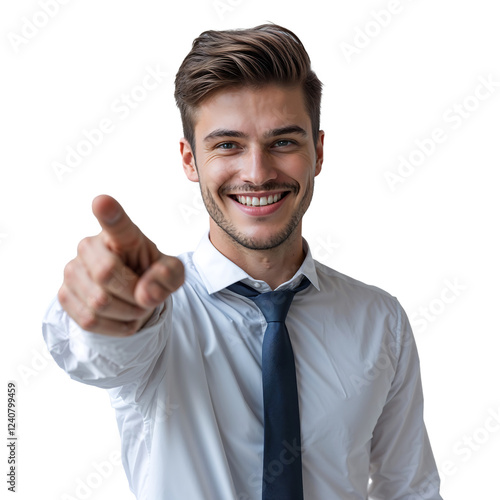 oyful Young Businessman Smiling and Pointing at a Laptop, Celebrating Professional Success photo