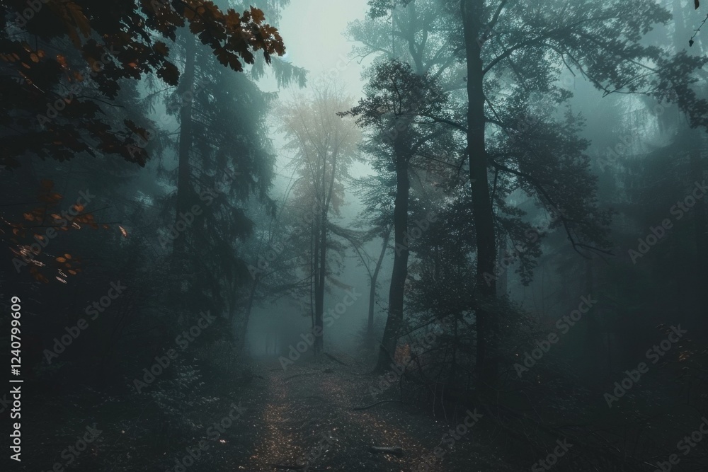 Fototapeta premium Mysterious path leading through foggy forest with some leaves changing color during autumn