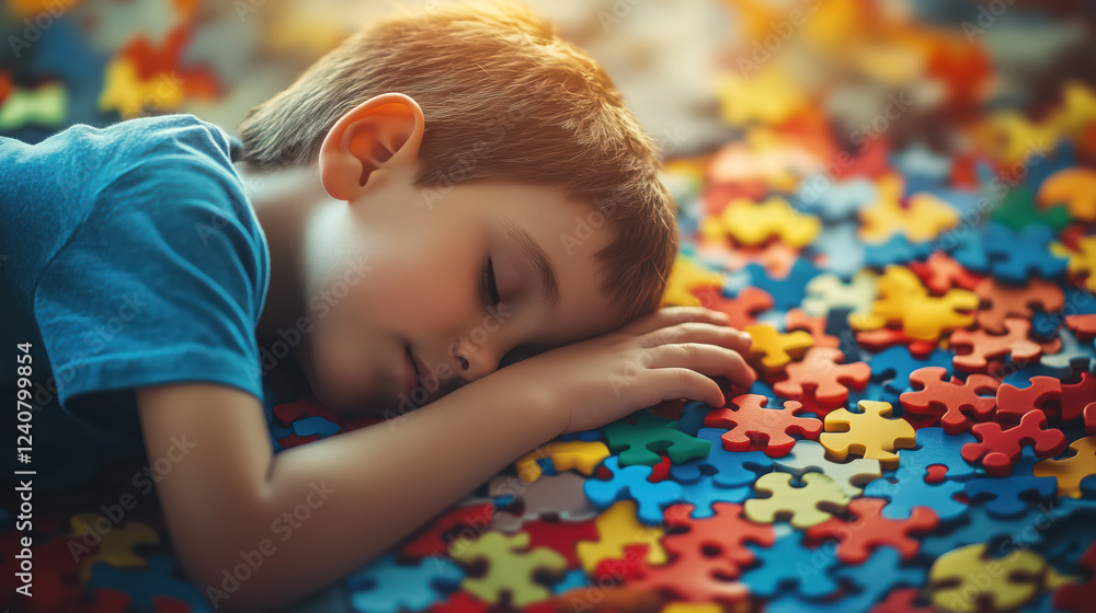 Boy with autism and colorful puzzle pieces symbolize global awareness and acceptance of autism. World Autism Day Boy with autism and colorful puzzle pieces symbolize global awareness and acceptance of autism. World Autism Day