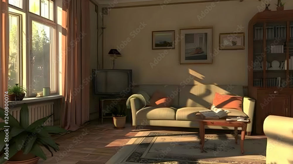 Cozy living room with sunlight streaming through the window, showcasing plants and furniture arrangement Cozy living room with sunlight streaming through the window, showcasing plants and furniture arrangement