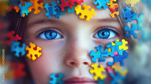 Obraz na płótnie Child with autism and colorful puzzle pieces symbolize global awareness and acceptance of autism. World Autism Day w salonie