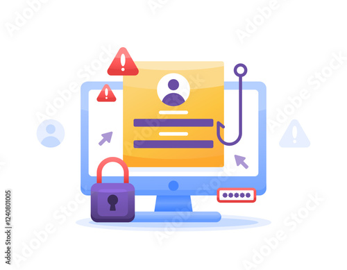 phishing web concept. suspicious login page warning notice. beware of phishing websites. security and prevention. illustration of a computer monitor with a login page, hook and lock. flat style design
