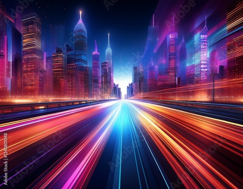 vibrant cityscape night lights speeding through urban streets