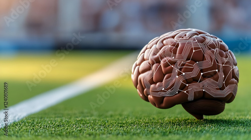 A creative representation of a brain on a soccer field, merging sports and intellect in a visually striking manner.