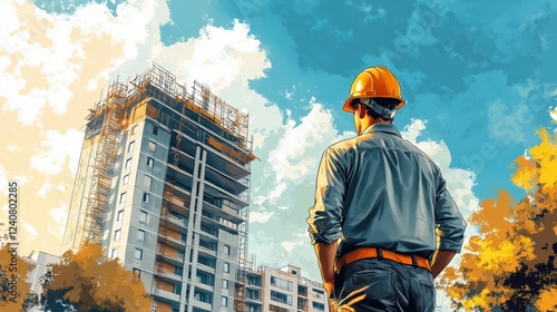 Construction builder in a building uniform. construction background. Builder at the construction site. Man worker with helmet on construction site. Bilder in hardhat. 