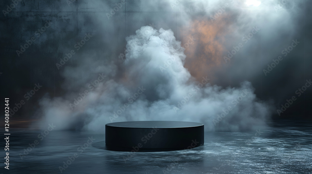 Dark Moody Background Black Platform with Smoke, 3D Studio Design. Dark Moody Background Black Platform with Smoke, 3D Studio Design.