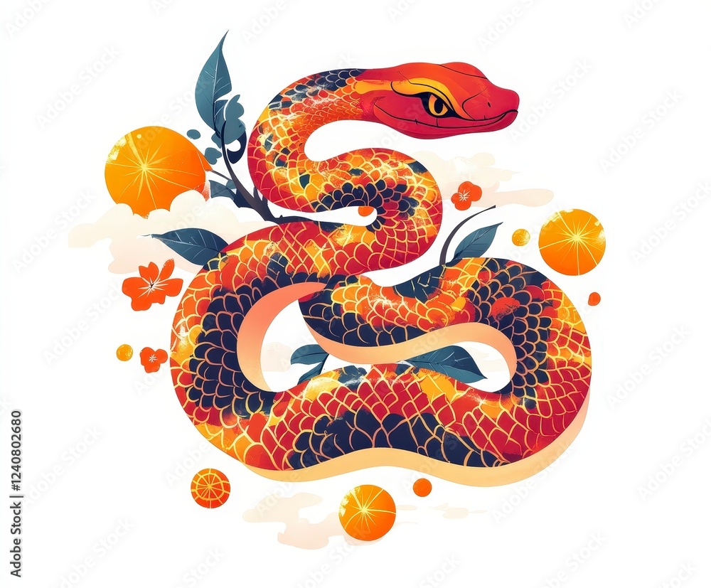 Obraz premium Vibrant Orange Snake in a Floral Design with Citrus Elements