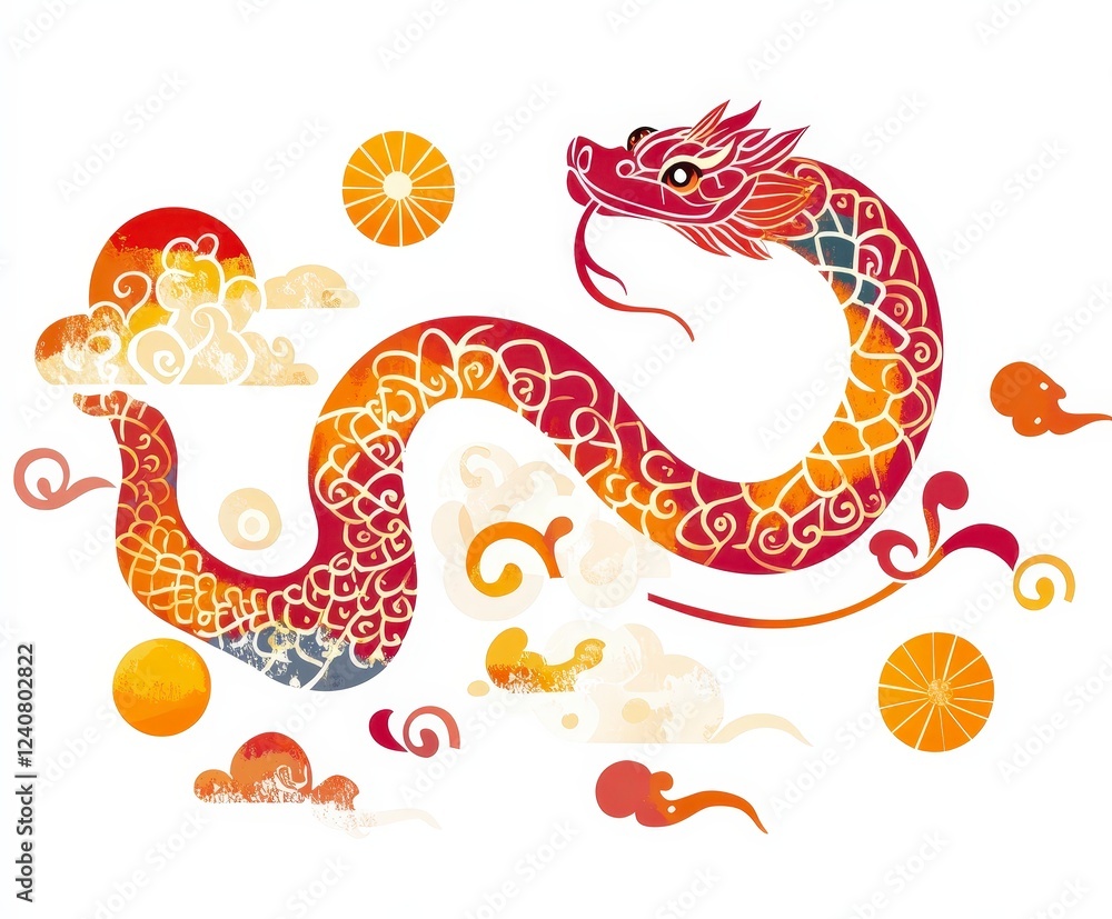 Obraz premium Vibrant Colorful Dragon Illustration with Clouds and Sun Motifs