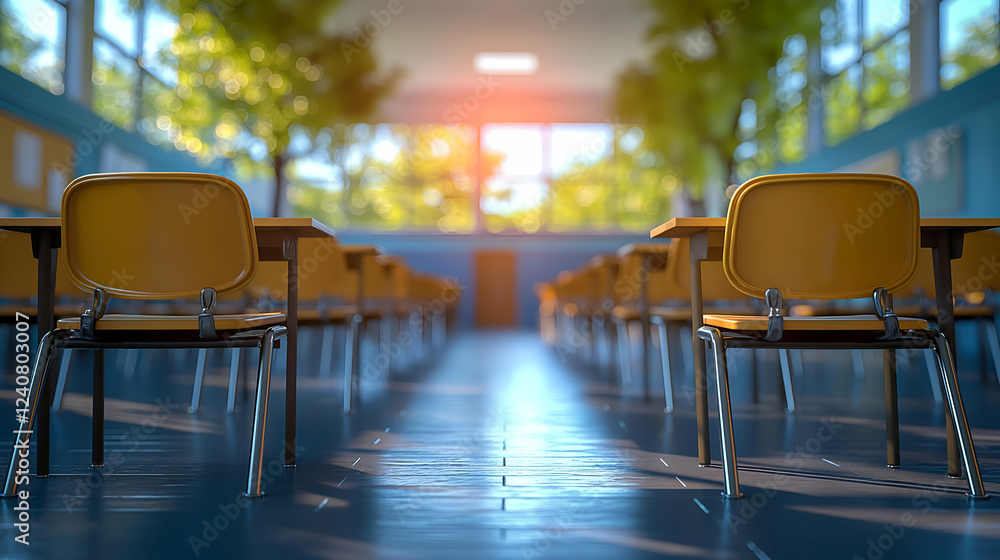Empty Classroom Desks and Chairs, Bright Sunlight Modern Interior. Empty Classroom Desks and Chairs, Bright Sunlight Modern Interior.
