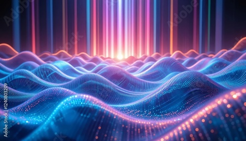 Abstract Digital Landscape: Vibrant Waves of Data and Light