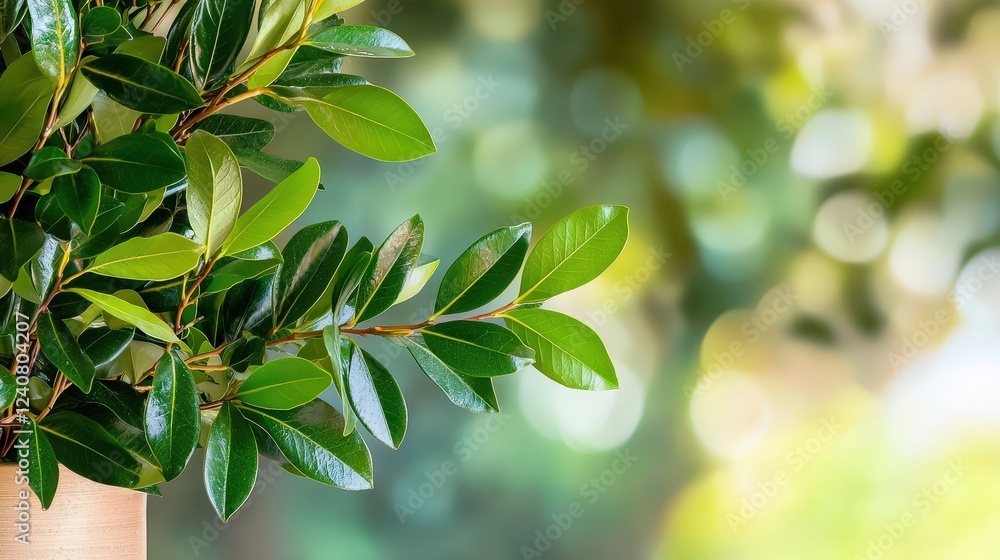 Fototapeta premium Lush Green Leaves with Soft Blurred Background in Natural Light Capture for Relaxing Indoor Ambiance