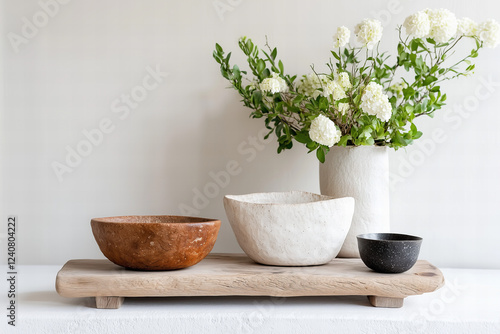 Speckled Ceramic Bowls and White Flowers on Rustic Wooden Tray
