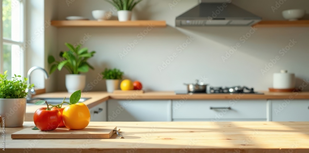 Bright kitchen scene, empty table for display, light, display, wood Bright kitchen scene, empty table for display, light, display, wood