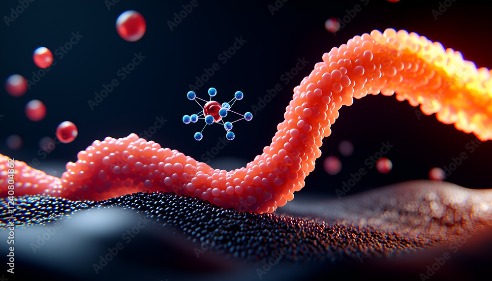 A vibrant, abstract representation of a molecular structure, featuring a twisting, snake-like form amidst floating particles in a dark background.
