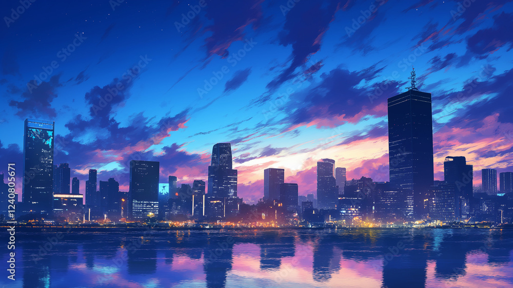 Obraz premium 幻想的な夜景｜ネオン輝く近未来都市｜美しい夕焼けのシティスカイライン