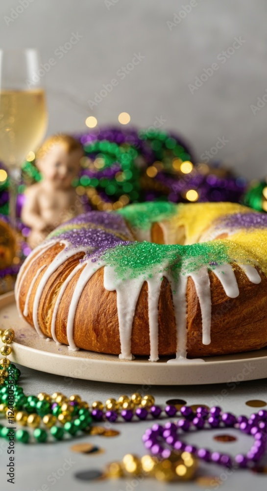 Naklejka premium Colorful King Cake with Icing and Beads, Celebrating Mardi Gras, Featuring Purple, Green, and Gold Decorations in a Festive Setting