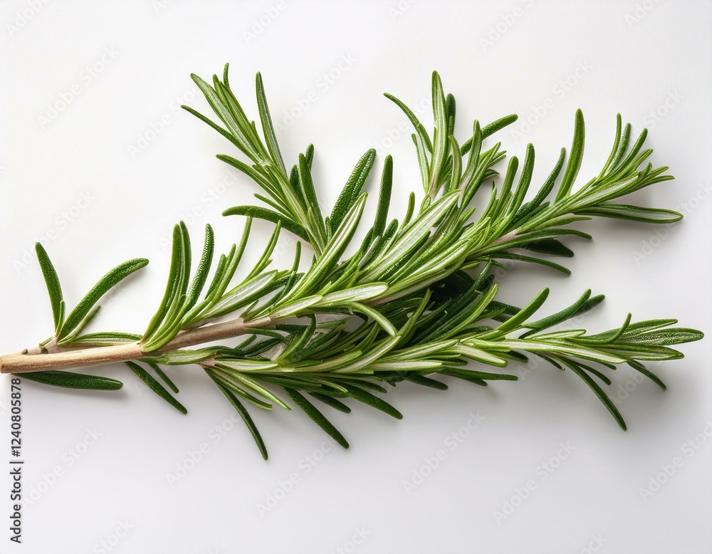 Fototapeta premium fresh rosemary sprig on a clean white background showcasing its vibrant green colors and distinct needle like leaves