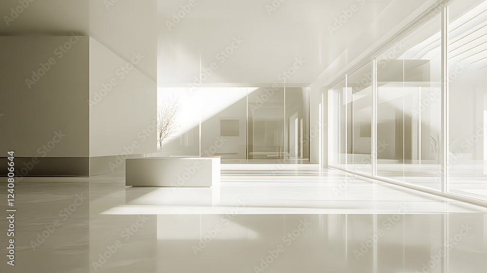 Empty white room with windows and open door, modern interior design Empty white room with windows and open door, modern interior design
