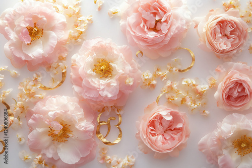 Soft pastel flowers with gold accents on white background.