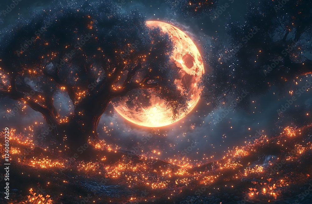 Obraz premium Glowing Full Moon Over Dark Landscape with Twinkling Lights and Silhouetted Trees 