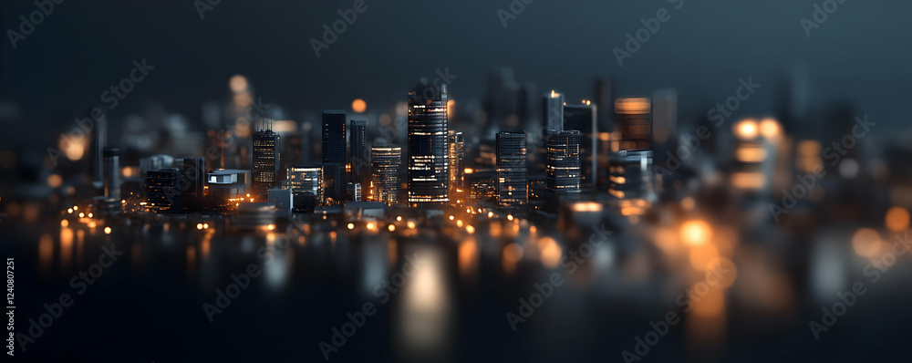 Obraz premium Night Cityscape, Illuminated Towers and Skyscrapers Gleam Brilliantly at Night, Reflecting Urban Lights