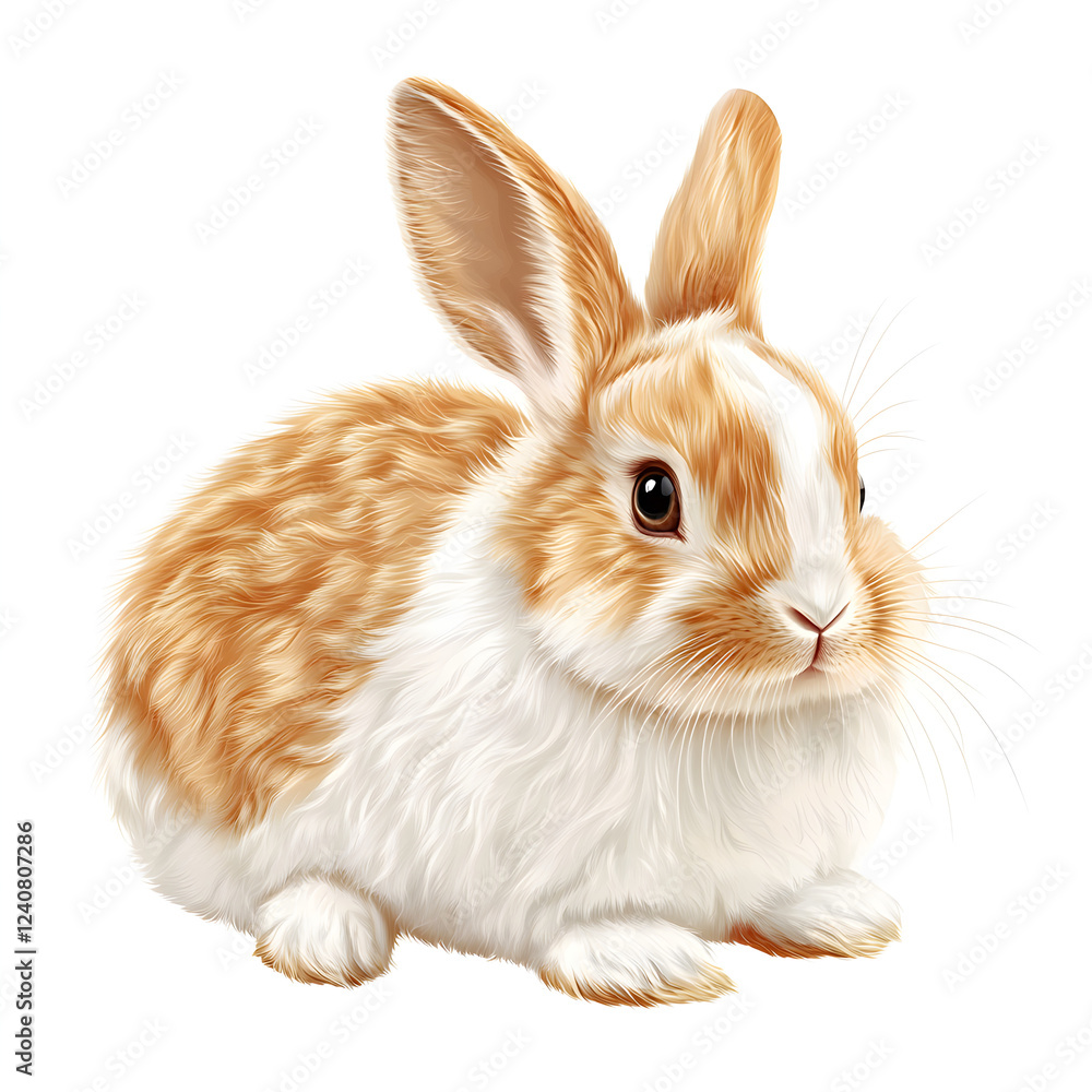 Fototapeta premium A cute, brown and cream-colored rabbit isolated on a white background, photorealistic and hyper-detailed. 