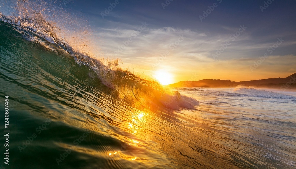 golden sunrise over a tranquil ocean wave captured in motion golden sunrise over a tranquil ocean wave captured in motion