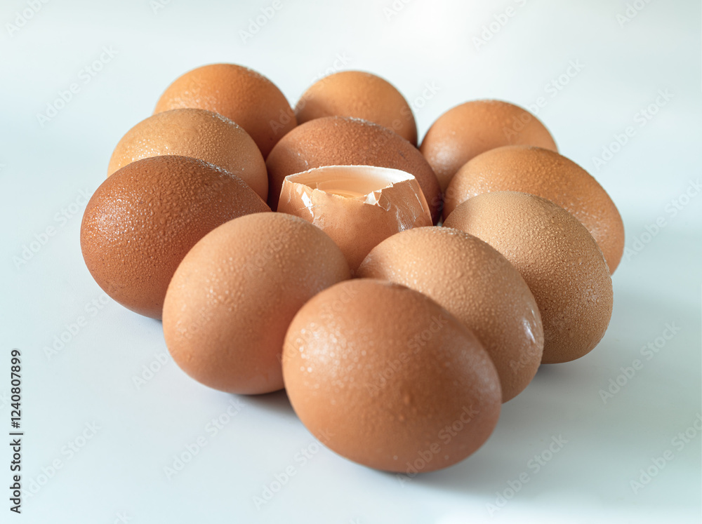 Egg yolk in Broken raw chicken eggshell in the among of Fresh chicken egg (Hen egg) on white background. Natural organic fresh eggs for healthy food, use it as your Space for text, Design, Wallpaper.