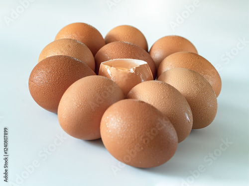 Egg yolk in Broken raw chicken eggshell in the among of Fresh chicken egg (Hen egg) on white background. Natural organic fresh eggs for healthy food, use it as your Space for text, Design, Wallpaper.
