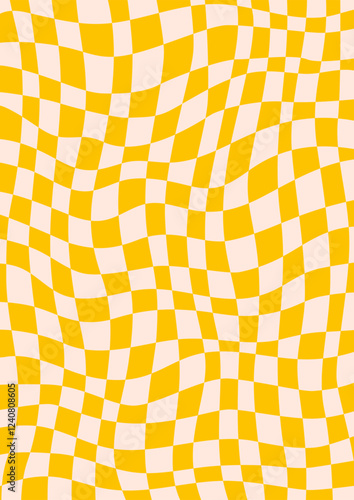 Retro background with abstract psychedelic checkerboard. Groovy yellow checkered pattern. Trendy plaid vector texture in abstract y2k style. Vector graphic for posters and art prints
