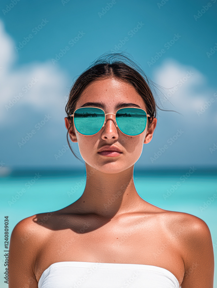 Relaxing beach scene with stylish sunglasses tropical paradise portrait Relaxing beach scene with stylish sunglasses tropical paradise portrait