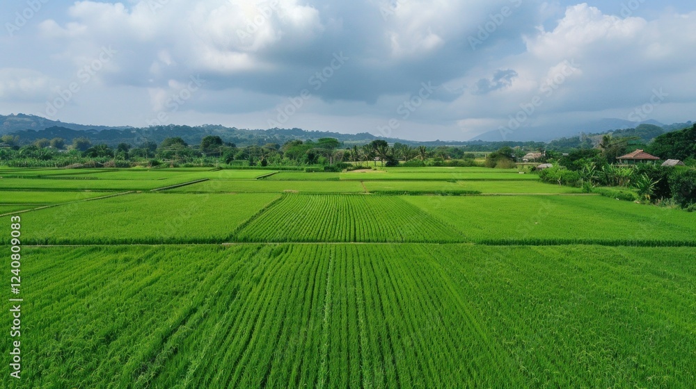 A wide view of a green agricultural field with crops growing. A wide view of a green agricultural field with crops growing.
