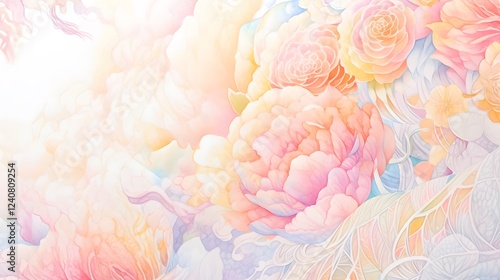 Pastel Watercolor Floral Artwork Soft Peonies Roses Abstract Design Elements