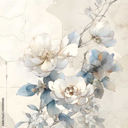 Elegant Watercolor Floral Bouquet Soft White and Blue Flowers on Beige Background