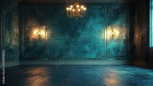 Dark teal mansion room, empty, chandelier, wall sconces, interior design