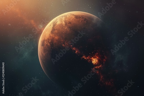 Mars, the fourth planet from the sun, rotates in space with a nebula and stars in the background photo