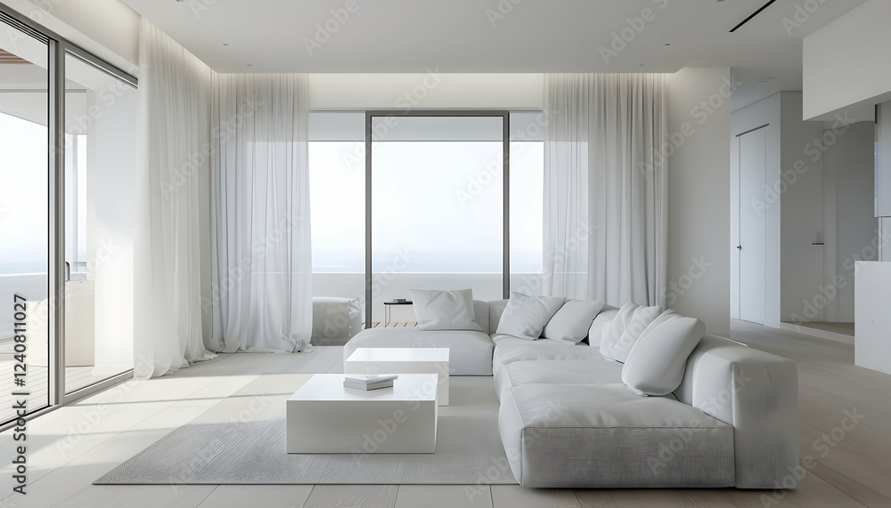 Modern minimalist living room with large windows overlooking the ocean, featuring soft furnishings and natural light Modern minimalist living room with large windows overlooking the ocean, featuring soft furnishings and natural light
