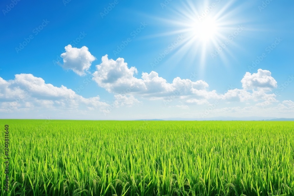 Lush green rice paddy field under bright sunlight with blue sky and white clouds Lush green rice paddy field under bright sunlight with blue sky and white clouds