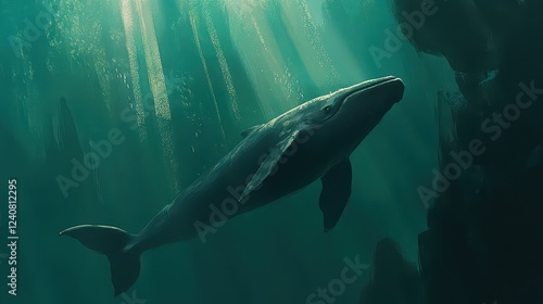 Majestic whale gracefully swimming through deep ocean waters with light rays illuminating the scene