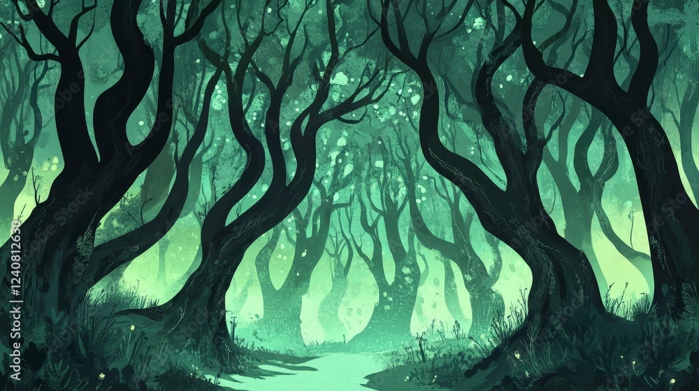 Naklejka premium Enchanted Forest with Twisted Trees and Mystical Green Glow