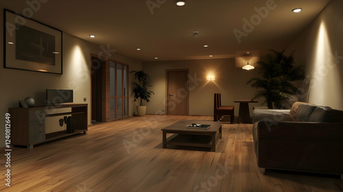 Wallpaper Mural Modern living room interior with wooden flooring, soft lighting, and minimalistic furniture arrangement Torontodigital.ca