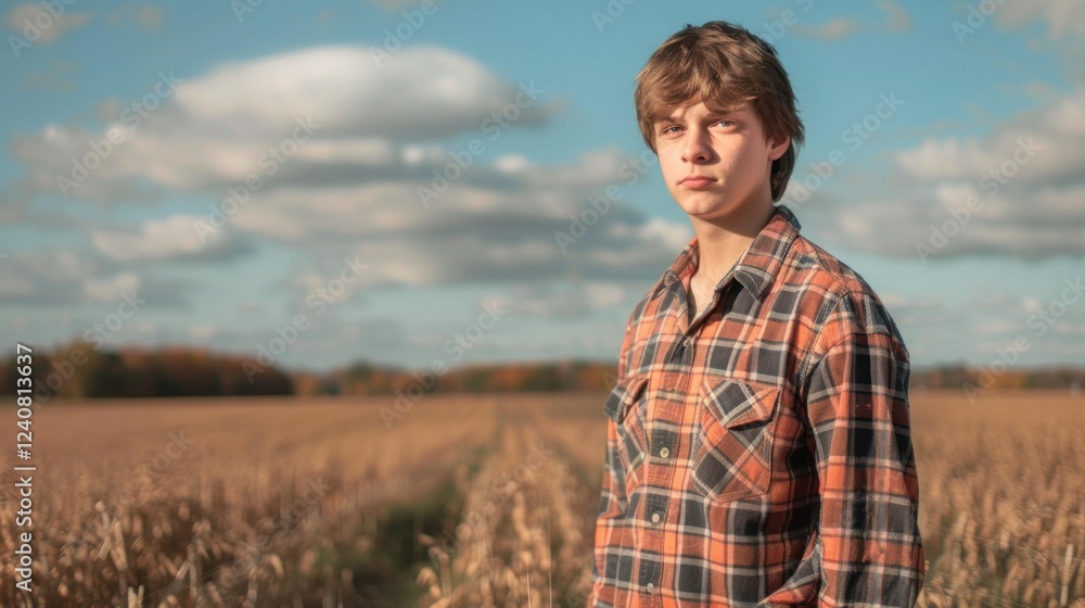 A teenager in a plaid shirt and jeans, standing in a field of crops. A teenager in a plaid shirt and jeans, standing in a field of crops.