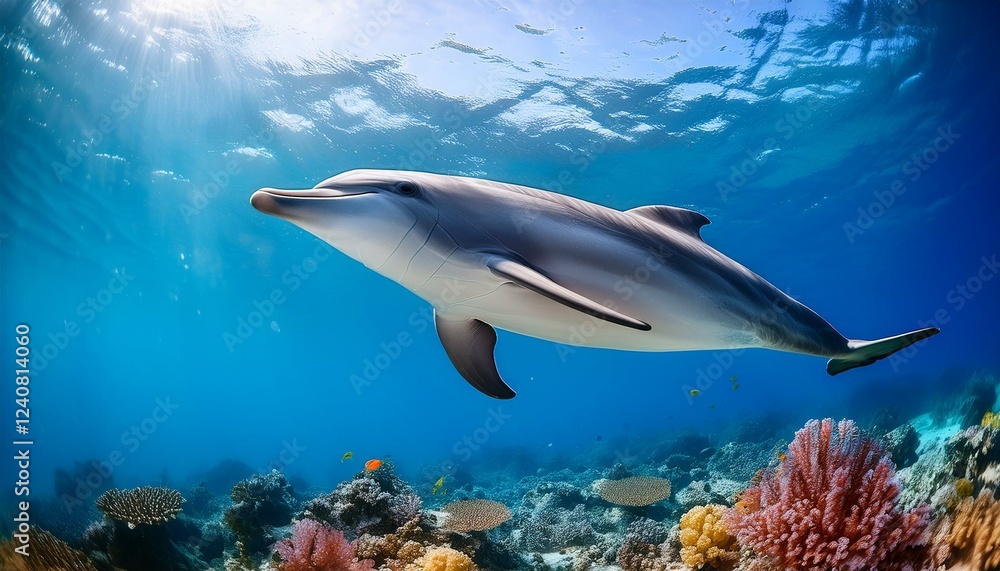 Fototapeta premium friendly dolphin floating underwater on coral reef in blue ocean
