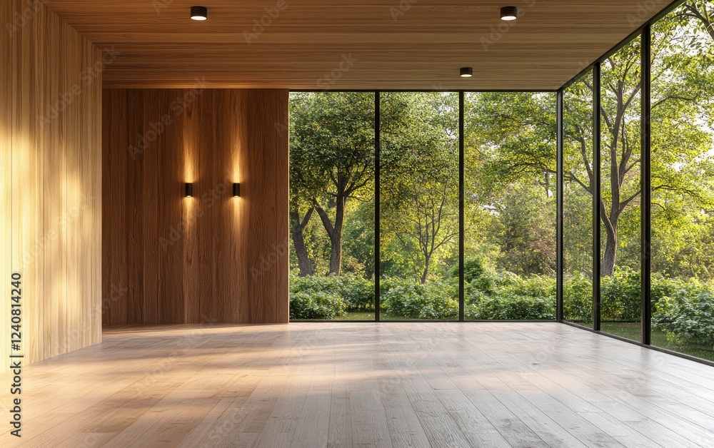 Obraz premium Modern empty room interior with wood paneling on the walls and white walls, a large window with a forest view, parquet flooring,