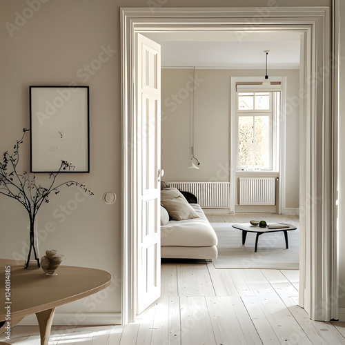 Beautiful minimalist interior design with an open doorway in a serene room. Generative AI