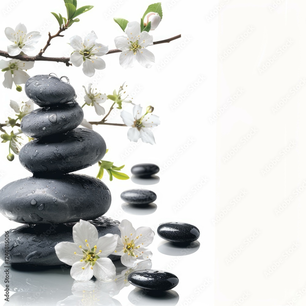 Fototapeta premium Stacked wet spa stones with water drops and white flowers creating a relaxing zen wellness atmosphere