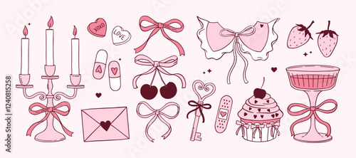 Coquette aesthetic Girly stickers and cliparts in hand drawn Retro style. Pink doodle vector set. Vintage candles, bows, cowgirl boots, Victorian collar, glass of champagne, key, pills, cupcake