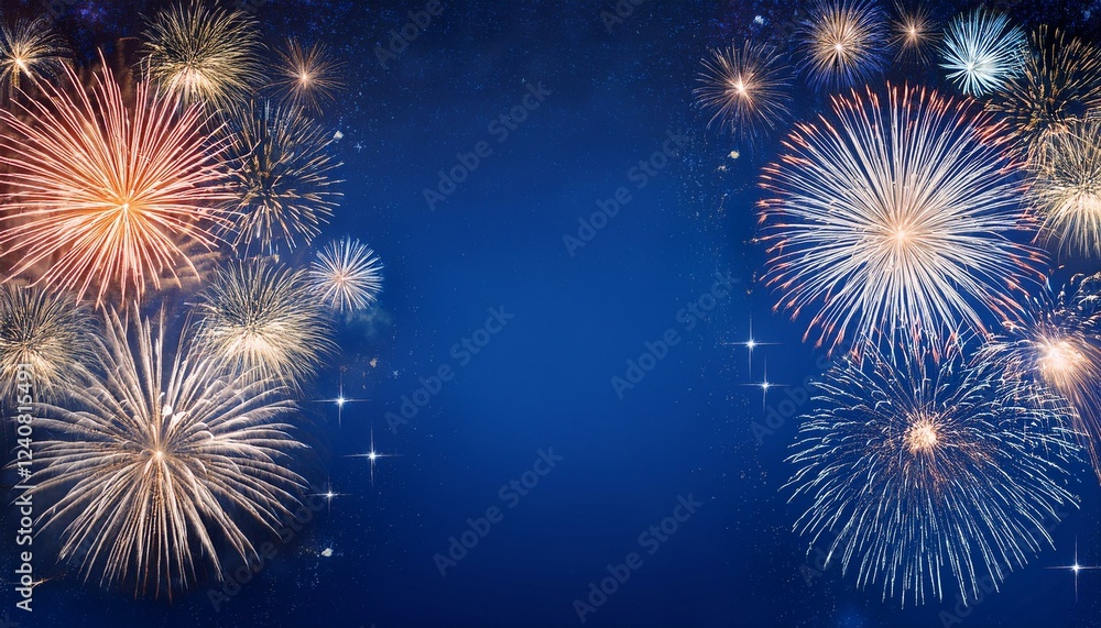 Fototapeta premium fireworks on blue background with stars and space for text
