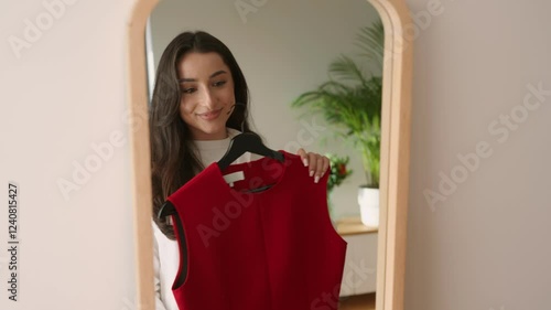 A smiling young woman holds up a red dress while standing by a mirror, contemplating her outfit choice.